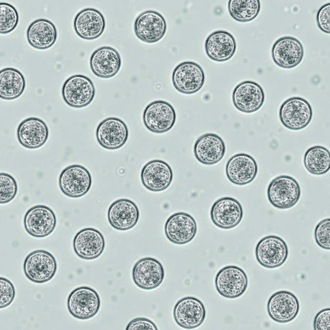 Conceptual microscopy illustration of similarly sized, rounded cells floating separately in suspension.